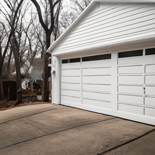 Suburban two-car garage door in East Brunswick, NJ with sectional panels and visible track, early-spring curbside view.