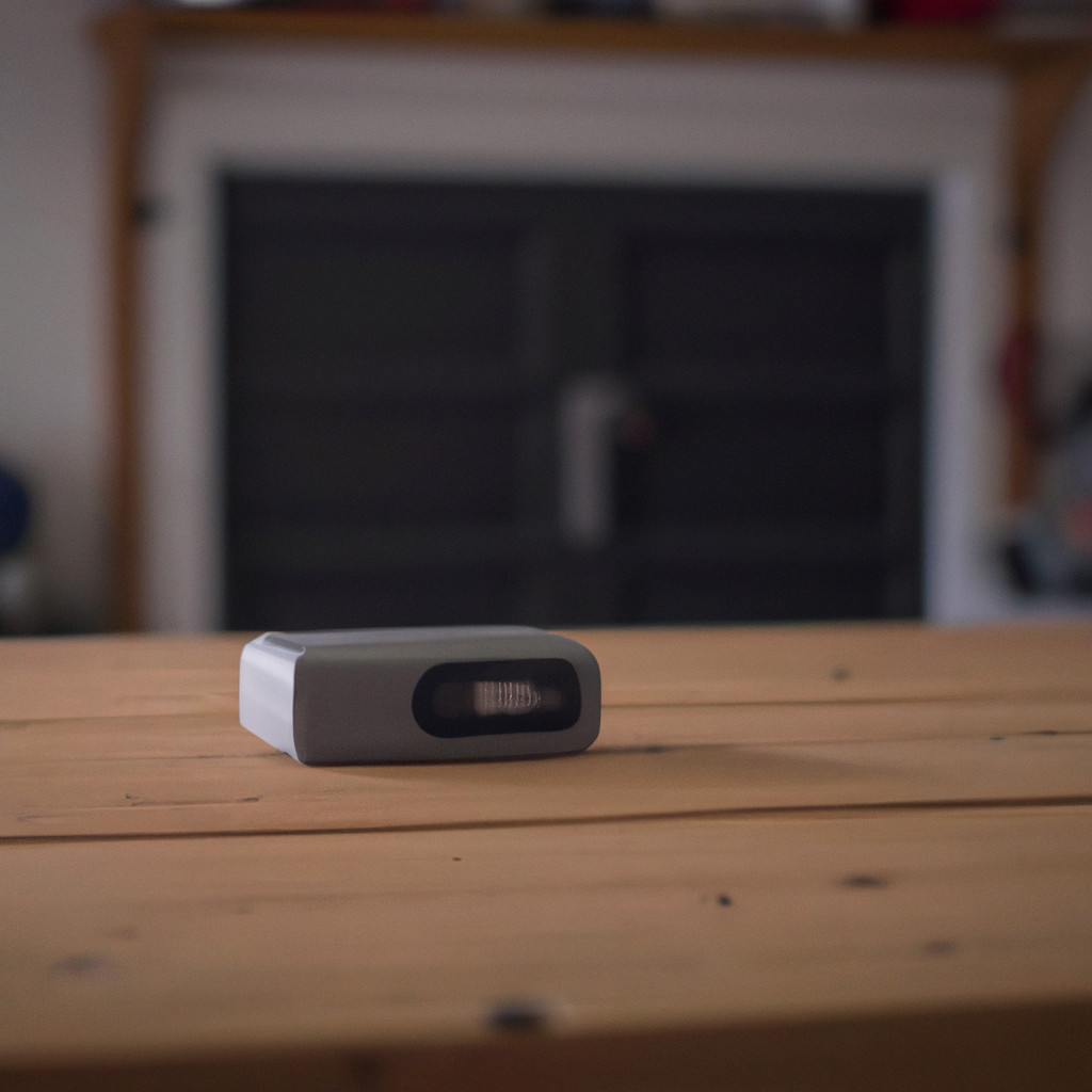 Handheld garage door remote placed on a clean wooden workbench in a suburban New Jersey garage