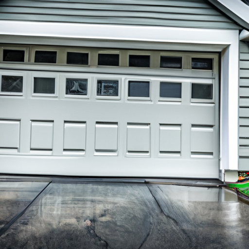 Residential garage door in East Brunswick, NJ with visible bottom seal and threshold on a wet driveway.