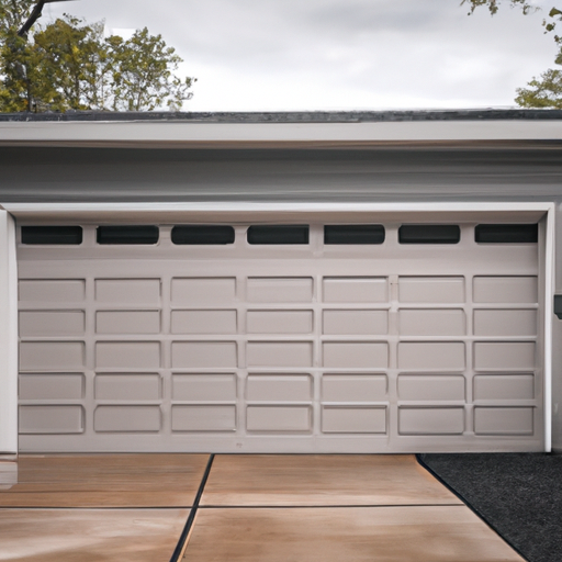 Suburban single-car garage in East Brunswick with a modern steel door, concrete driveway, and overcast sky.