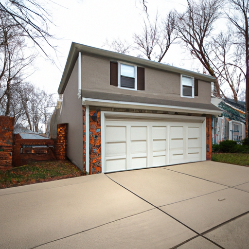 Modern steel paneled garage door on a suburban East Brunswick, NJ home with driveway and street visible.