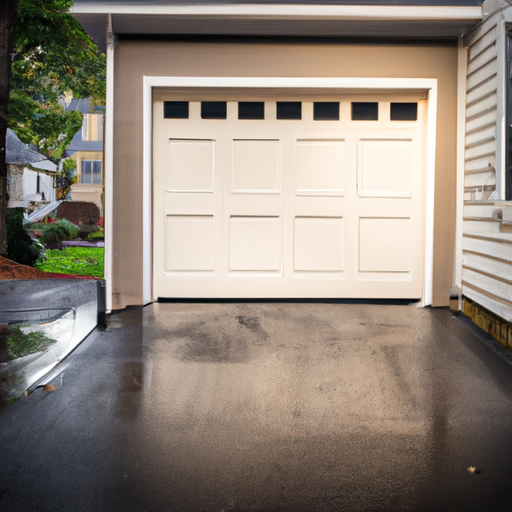 Suburban East Brunswick home exterior with a visible garage door on a wet driveway at morning light.