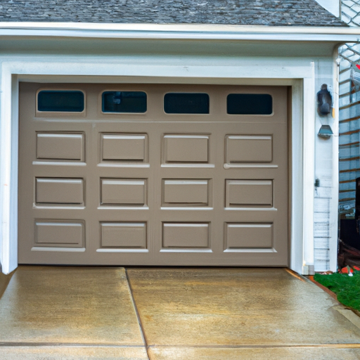 Residential garage door on a suburban East Brunswick, NJ home, visible panels and hardware, neutral overcast lighting.