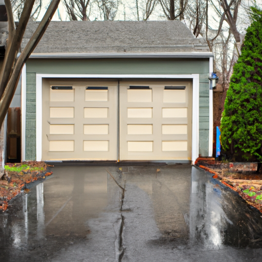 East Brunswick two-car garage with closed insulated steel door, wet driveway, late-afternoon light, no people.