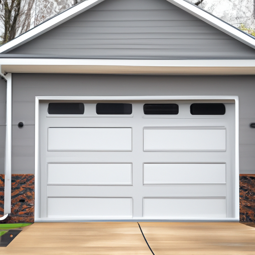 Closed modern steel garage door on a suburban East Brunswick house with visible weather seal and threshold under an overcast sky.