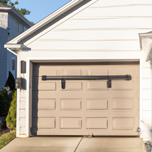 Suburban East Brunswick driveway with a modern garage door and visible opener rail, early morning light, no people.