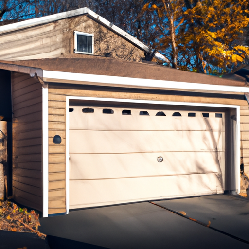 Suburban residential garage door closed on a home in late autumn, showing hardware and weather seal.