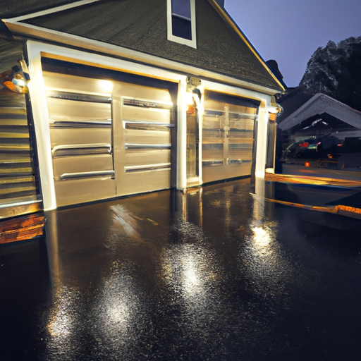 Modern insulated garage door closed on a suburban East Brunswick driveway at dusk, showing panels and seals, no people.